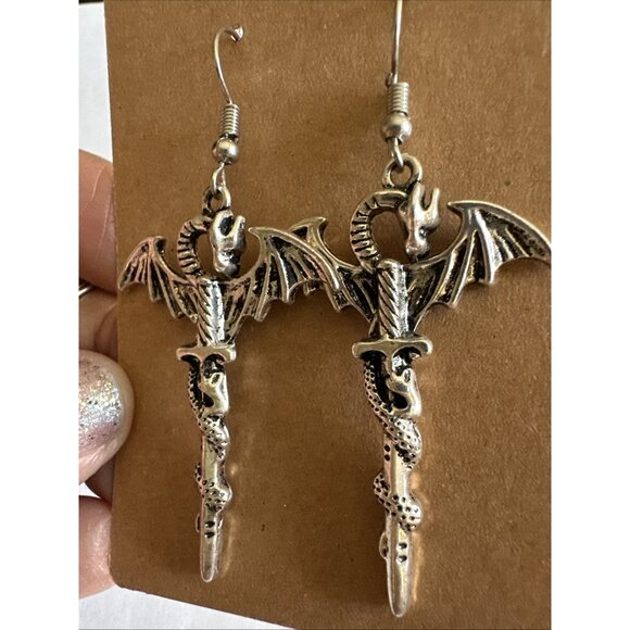 Dragon Sword Silver Tone Gothic Dangle Pierced Earrings 2.5” - Picture 2 of 12